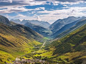 Preview wallpaper valley, houses, mountains, landscape, nature