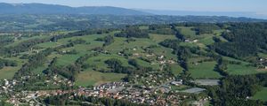 Preview wallpaper valley, houses, trees, nature, aerial view