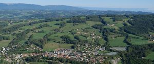 Preview wallpaper valley, houses, trees, nature, aerial view