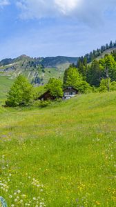 Preview wallpaper valley, houses, trees, mountains, nature, landscape