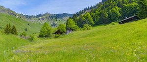 Preview wallpaper valley, houses, trees, mountains, nature, landscape