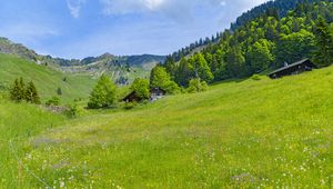 Preview wallpaper valley, houses, trees, mountains, nature, landscape