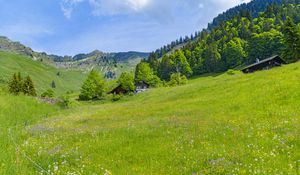 Preview wallpaper valley, houses, trees, mountains, nature, landscape