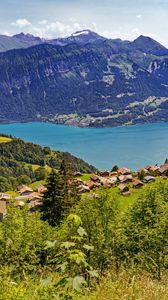 Preview wallpaper valley, lake, landscape, mountains, houses