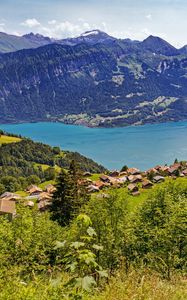 Preview wallpaper valley, lake, landscape, mountains, houses