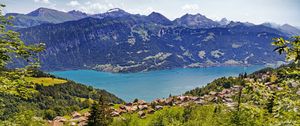 Preview wallpaper valley, lake, landscape, mountains, houses