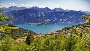 Preview wallpaper valley, lake, landscape, mountains, houses