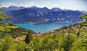 Preview wallpaper valley, lake, landscape, mountains, houses