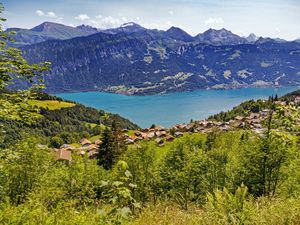 Preview wallpaper valley, lake, landscape, mountains, houses