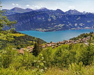 Preview wallpaper valley, lake, landscape, mountains, houses