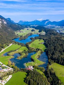 Preview wallpaper valley, lake, trees, forest, mountains