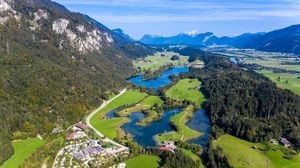 Preview wallpaper valley, lake, trees, forest, mountains