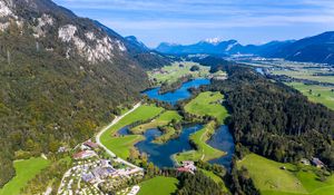 Preview wallpaper valley, lake, trees, forest, mountains