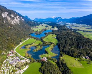 Preview wallpaper valley, lake, trees, forest, mountains