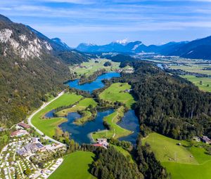 Preview wallpaper valley, lake, trees, forest, mountains