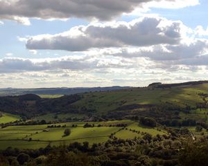 Preview wallpaper valley, meadows, green, slopes, grass, trees, height, fields