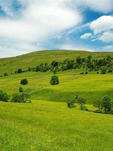 Preview wallpaper valley, meadows, green, slopes, grass, trees, sky, blue