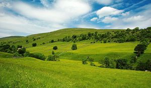 Preview wallpaper valley, meadows, green, slopes, grass, trees, sky, blue