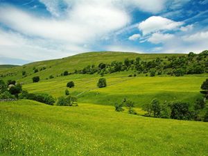 Preview wallpaper valley, meadows, green, slopes, grass, trees, sky, blue