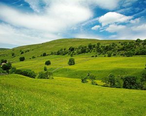 Preview wallpaper valley, meadows, green, slopes, grass, trees, sky, blue