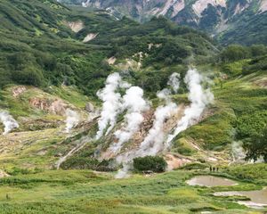 Preview wallpaper valley, mountains, grass, smoke, nature