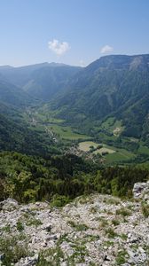 Preview wallpaper valley, mountains, houses, landscape, trees