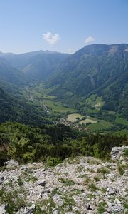 Preview wallpaper valley, mountains, houses, landscape, trees