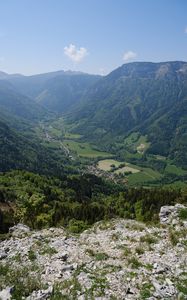 Preview wallpaper valley, mountains, houses, landscape, trees