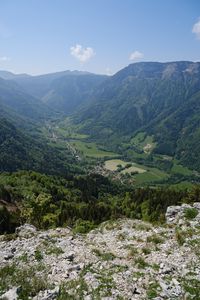 Preview wallpaper valley, mountains, houses, landscape, trees