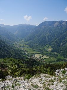 Preview wallpaper valley, mountains, houses, landscape, trees