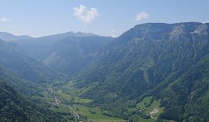 Preview wallpaper valley, mountains, houses, landscape, trees