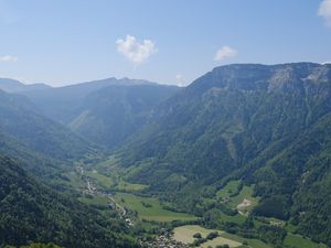 Preview wallpaper valley, mountains, houses, landscape, trees