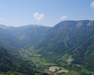 Preview wallpaper valley, mountains, houses, landscape, trees