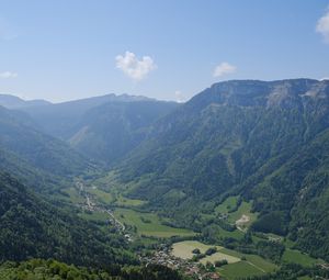 Preview wallpaper valley, mountains, houses, landscape, trees