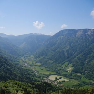 Preview wallpaper valley, mountains, houses, landscape, trees