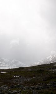 Preview wallpaper valley, mountains, lake, fog, snow