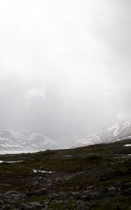 Preview wallpaper valley, mountains, lake, fog, snow