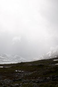 Preview wallpaper valley, mountains, lake, fog, snow