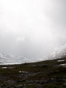 Preview wallpaper valley, mountains, lake, fog, snow