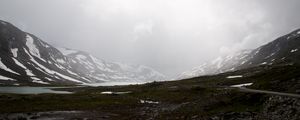 Preview wallpaper valley, mountains, lake, fog, snow