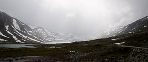 Preview wallpaper valley, mountains, lake, fog, snow