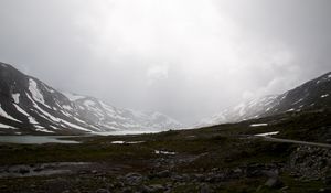 Preview wallpaper valley, mountains, lake, fog, snow