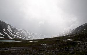 Preview wallpaper valley, mountains, lake, fog, snow