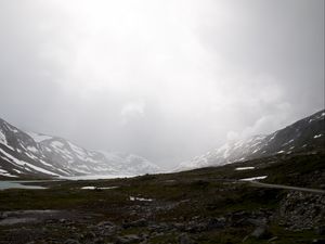 Preview wallpaper valley, mountains, lake, fog, snow