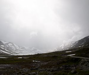 Preview wallpaper valley, mountains, lake, fog, snow