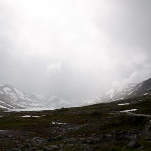 Preview wallpaper valley, mountains, lake, fog, snow