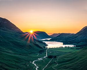 Preview wallpaper valley, mountains, river, sun, nature