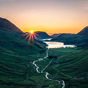 Preview wallpaper valley, mountains, river, sun, nature