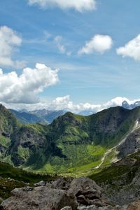 Preview wallpaper valley, mountains, rocks, sky, clouds