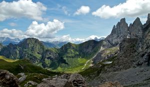 Preview wallpaper valley, mountains, rocks, sky, clouds